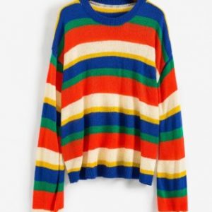 Rainbow Striped Drop Shoulder Oversized Tunic Sweater - Multi-a