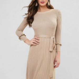 Ribbed Ruffle Faux Pearl Embellished Belted Dress - Light Khaki