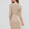 Ribbed Ruffle Faux Pearl Embellished Belted Dress - Light Khaki