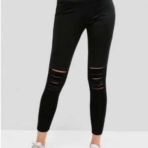 Ripped High Rise Wide Waistband Stretchy Leggings - Black