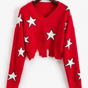 Ripped Star Graphic Crop Sweater - Red