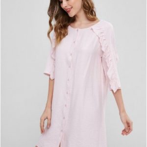 Ruffle Button Up Tunic Dress - Light Pink