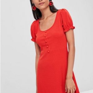 Ruffle Trim Fit And Flare Dress - Red