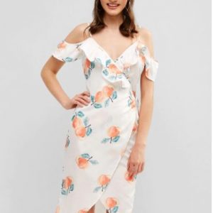 Ruffles Peach Print Cold Shoulder Wrap Dress