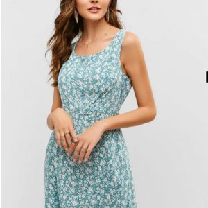 Scoop Floral Slit Sleeveless Dress - Cyan Opaque