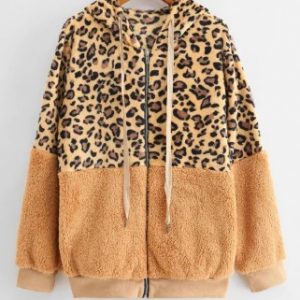 Seam Pockets Leopard Zip Up Teddy Jacket - Light Brown