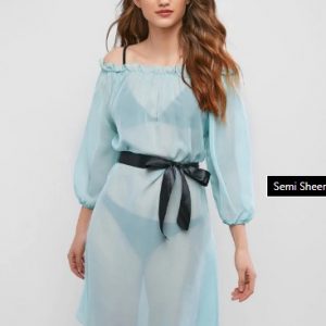 Semi Sheer Frilled Off The Shoulder Cover-up Dress - Aquamarine