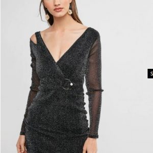 Shimmer Knit Plunging Ruched Dress - Black