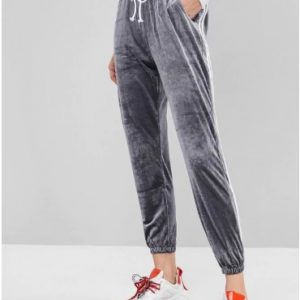 Side Striped Velvet Drawstring Jogger Pants - Gray