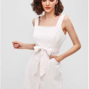 Sleeveless Plain Belted Overlap Dress