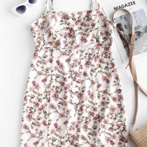 Slit Floral Mini Cami Tunic Dress - Milk White