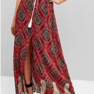 Slit Tassels Buttoned Printed Skirt - Red Wine