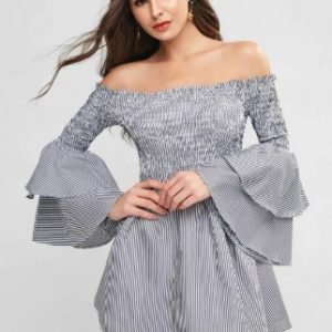 Smocked Stripes Layered Sleeve Off Shoulder Dress - Multi-a