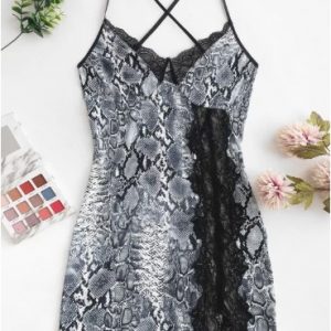 Snakeskin Lace Insert Slit Criss Cross Pajama Dress - Multi-a