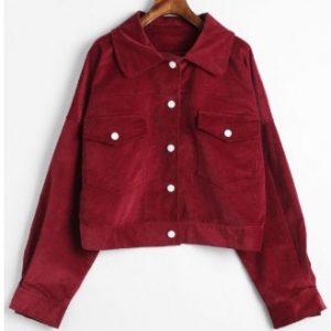 Snap Button Corduroy Shirt Jacket - Red Wine