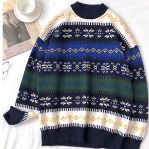 Snowflake Pattern Round Neck Sweater - Deep Green