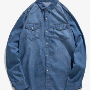 Solid Chest Pocket Curved Hem Button Basic Jean Shirt