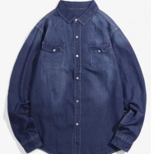 Solid Chest Pocket Long Sleeve Button Denim Shirt -