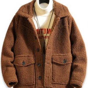 Solid Color Button Design Fluffy Jacket - Brown Bear