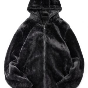 Solid Color Casual Zip Up Faux Fur Jacket - Black