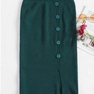 Solid Slit Buttoned Knitted Skirt - Deep Green