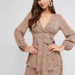 Spot Print Surplice Belted Layered Hem Dress