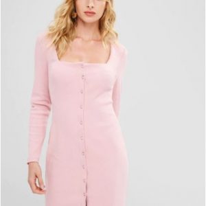 Square Collar Ribbed Bodycon Dress - Pink