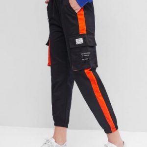 Stripe Trim Letter Jogger Cargo Pants - Black