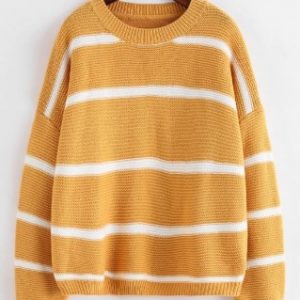 Striped Drop Shoulder Oversized Textured Sweater - Yellow