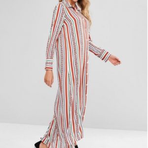 Striped Floral Maxi Shirt Dress - Multi