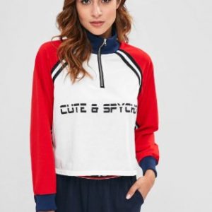 Striped Panel Sleeve Graphic Half Zip Sweatshirt