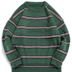 Striped Pattern Pocket Decorated Casual Sweater - Deep Green