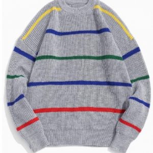 Stripes Graphic Rib-knit Trim Pullover Sweater - Light Gray