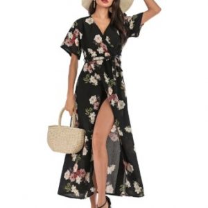 Surplice Floral Boho Belted Slit Dress