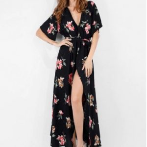 Surplice Floral Boho Belted Slit Dress - Black