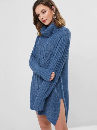 Turtleneck Cable Knit Slit Tunic Sweater Dress