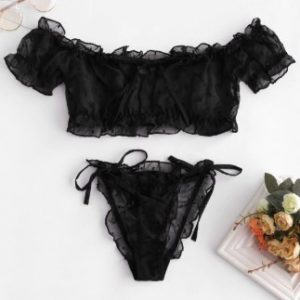 Swiss Dot Keyhole Off Shoulder Ruffle Lingerie Set