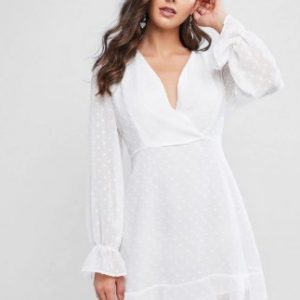 Swiss Dot Poet Sleeves Ruffles Surplice Dress