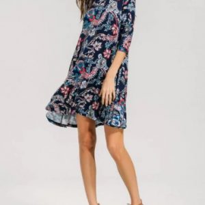 Three Quarter Sleeve Graphic A Line Dress - Multi