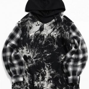 Tie Dye Plaid Spliced Colorblock Faux Twinset Hoodie - Multi-a