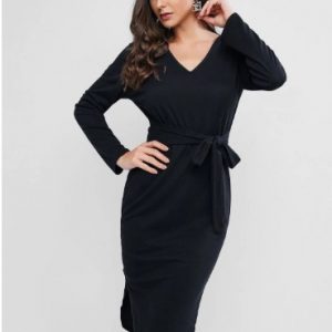 Tie Long Sleeve Slit Midi Bodycon Dress - Black