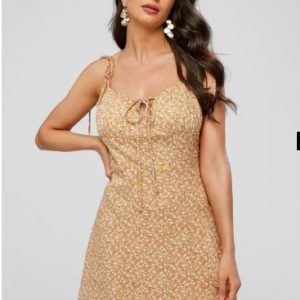 Tie Straps Tiny Floral Flare Dress - Golden Brown