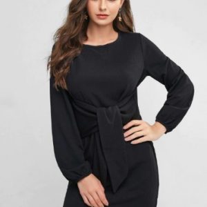 Tie Waist Ribbed Long Sleeve Mini Dress - Black