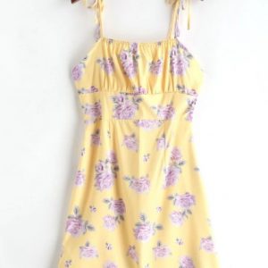 Tied Straps Floral Cami Mini Dress - Yellow