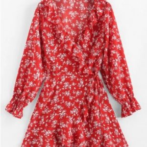 Tiny Floral Ruffles Asymmetric Wrap Dress