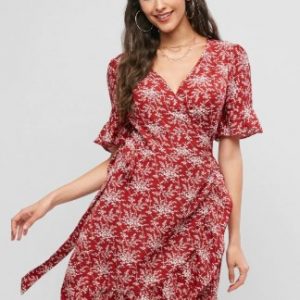 Tiny Floral Ruffles V Neck Wrap Dress