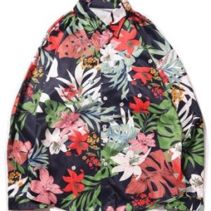 Tropical Flower Leaf Print Chest Pocket Vacation Shirt - Deep Blue