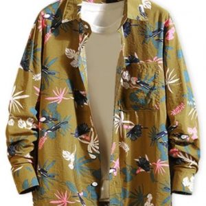 Tropical Plant Parrot Print Pocket Beach Vacation Shirt - Yellow