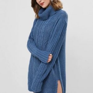 Turtleneck Cable Knit Slit Tunic Sweater Dress - Silk Blue