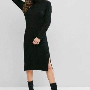 Turtleneck Drop Shoulder Slit Sweater Dress